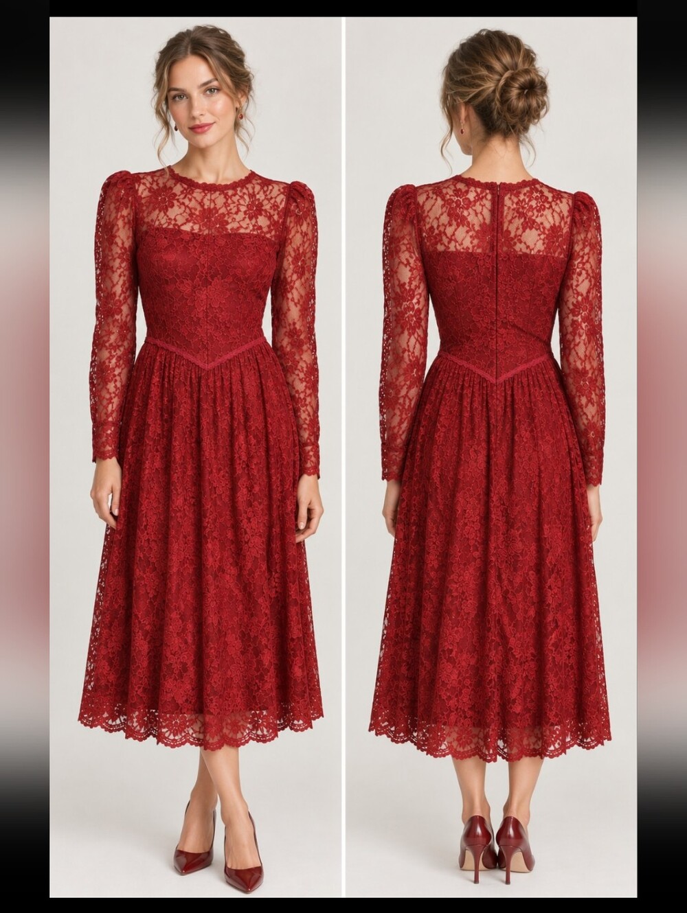 Vintage 80s Courtenay Red Lace Midi Dress Romantic Goth Illusion Sleeve Size 10